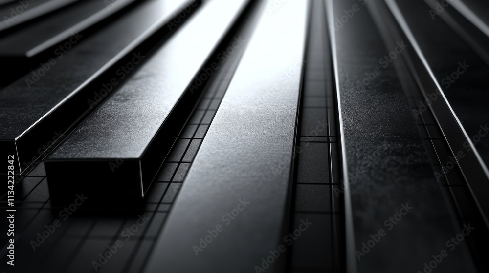 Poster abstract close-up of polished metal bars with shadows and reflections