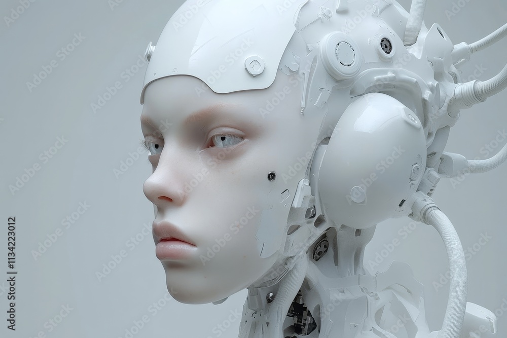 Poster futuristic humanoid robot with a sleek white design, showcasing intricate mechanical details, facial