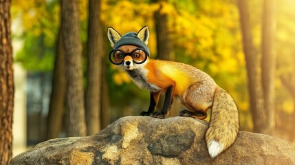Obraz premium A charming fox sitting on a rock in a vibrant autumn forest, wearing oversized round glasses and a trendy knitted beanie, surrounded by golden and green foliage