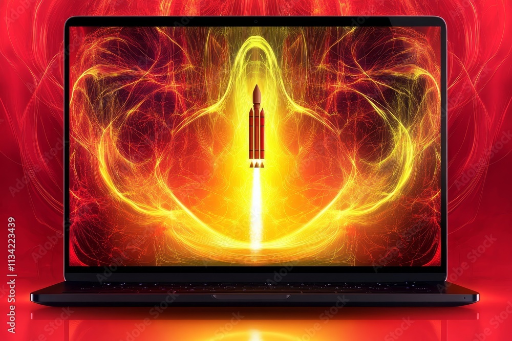 Poster Futuristic Laptop Displaying Colorful Rocket Launch Artwork with Vibrant Energy Lines and Dynamic Background for Innovation and Technology Themes