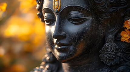 Close-up of a Lord Krishna statue with a divine feel, capturing the serene and spiritual essence, perfect for showcasing religious art and cultural symbolism.
