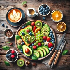 A flat lay of a brunch spread with avoccado toast, fresh fruit, and a latte, on a rustic wooden table