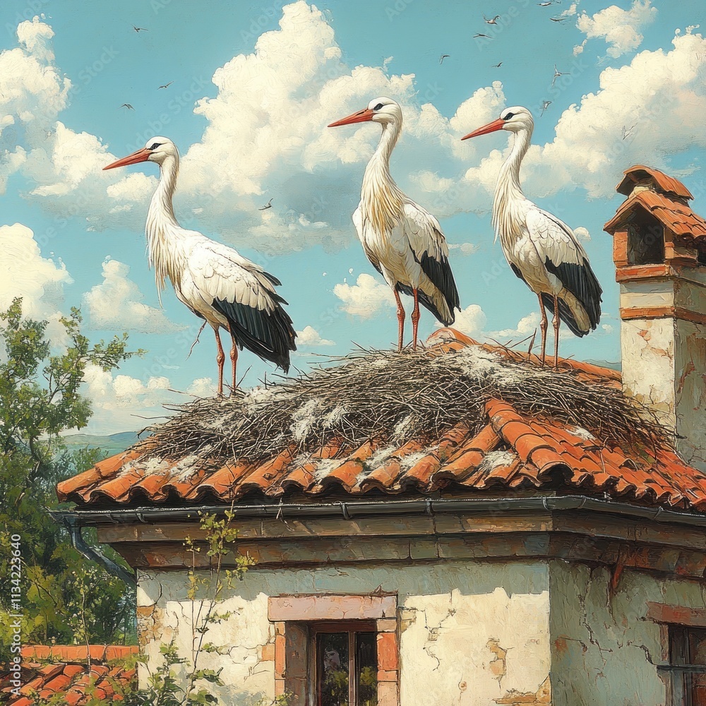 Poster three storks perched on a nest atop a rustic building under a blue sky with fluffy clouds.