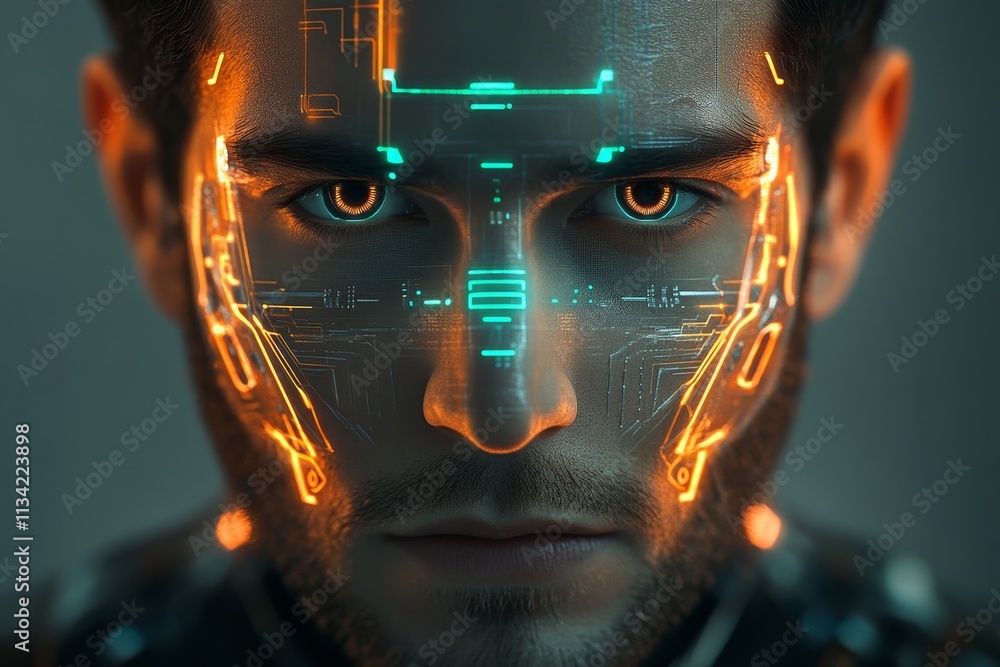 Poster futuristic portrait of a cybernetic human with neon circuit patterns on face and intense expression,