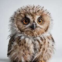 A cute baby owl with fluffy feathers, sitting in a curious pose, white background.