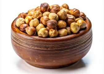 Obraz premium Golden roasted hazelnuts, perfectly nestled in a rustic clay pot, captured in high-resolution detail.