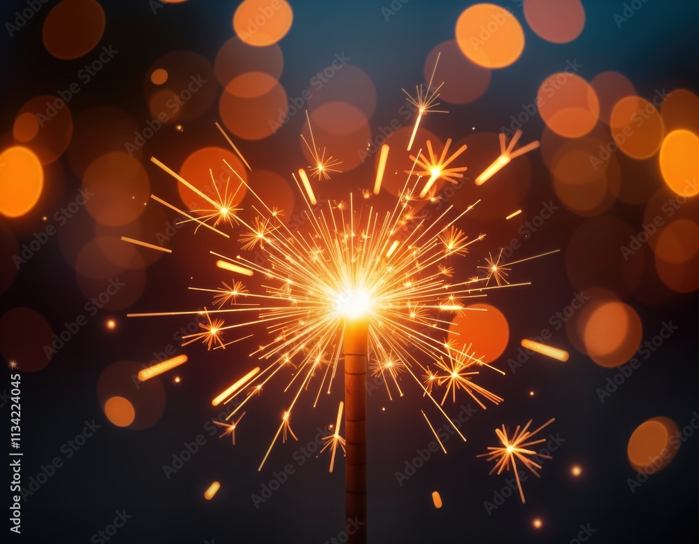Poster sparkler creates bright festive light show. sparkling light explodes in a dark background. orange-ye