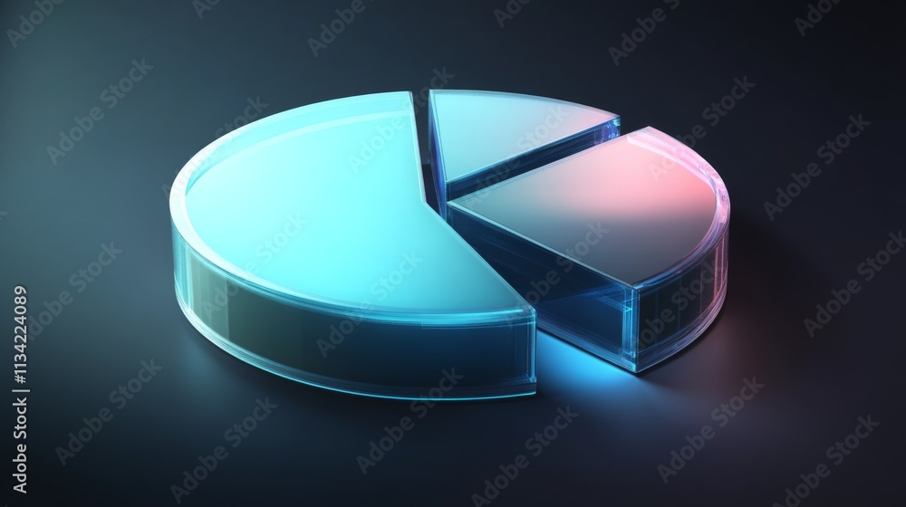 Poster modern 3d transparent pie chart with glowing edges on dark background