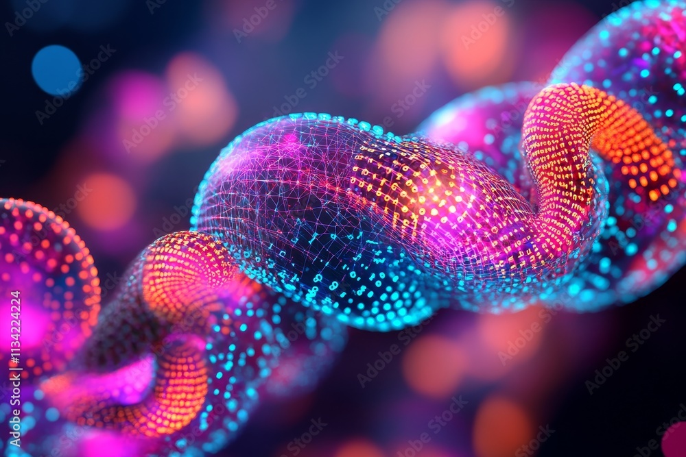 Poster futuristic representation of a digital chain featuring vibrant colors and intricate patterns, symbol