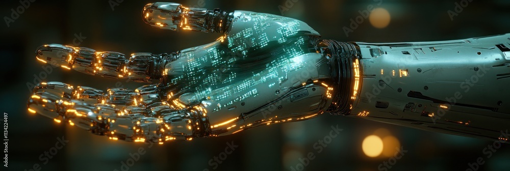 Poster a futuristic robotic hand showcasing intricate circuitry and glowing elements.