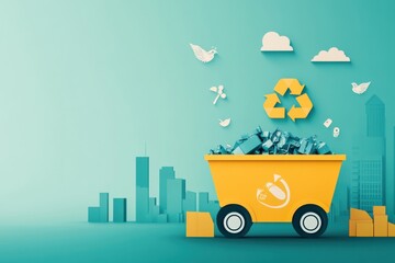 Fototapeta premium Bright Yellow Recycling Bin Overflowing with Paper and Plastic Waste Against a Soft Blue Background with City Skyline and Playful Illustrations of Birds and Clouds
