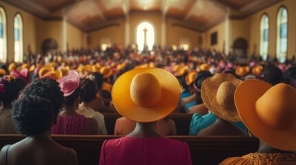 Crowd of people in vibrant hats attending an indoor cultural event