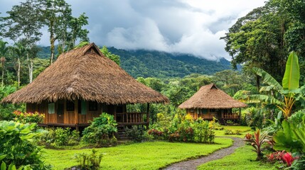 Traditional Bribri houses in lush Costa Rican rainforest under gloomy skies, surrounded by greenery.
