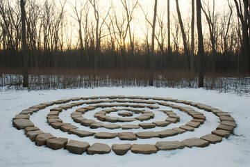 Obraz premium Ancient stone circle in snowy forest at sunset, winter landscape
