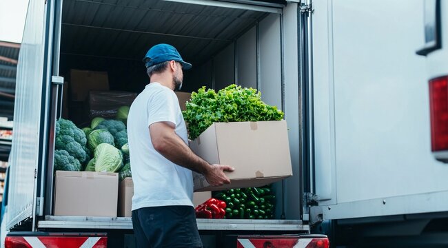 A man unloading fresh vegetables from a delivery truck, showcasing vibrant greens and a focus on healthy produce.