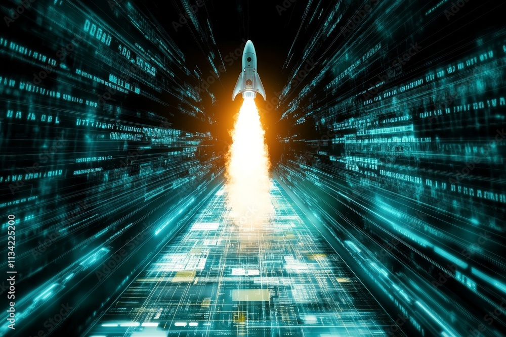 Poster futuristic rocket launching through digital data streams in a high-speed journey into space, represe