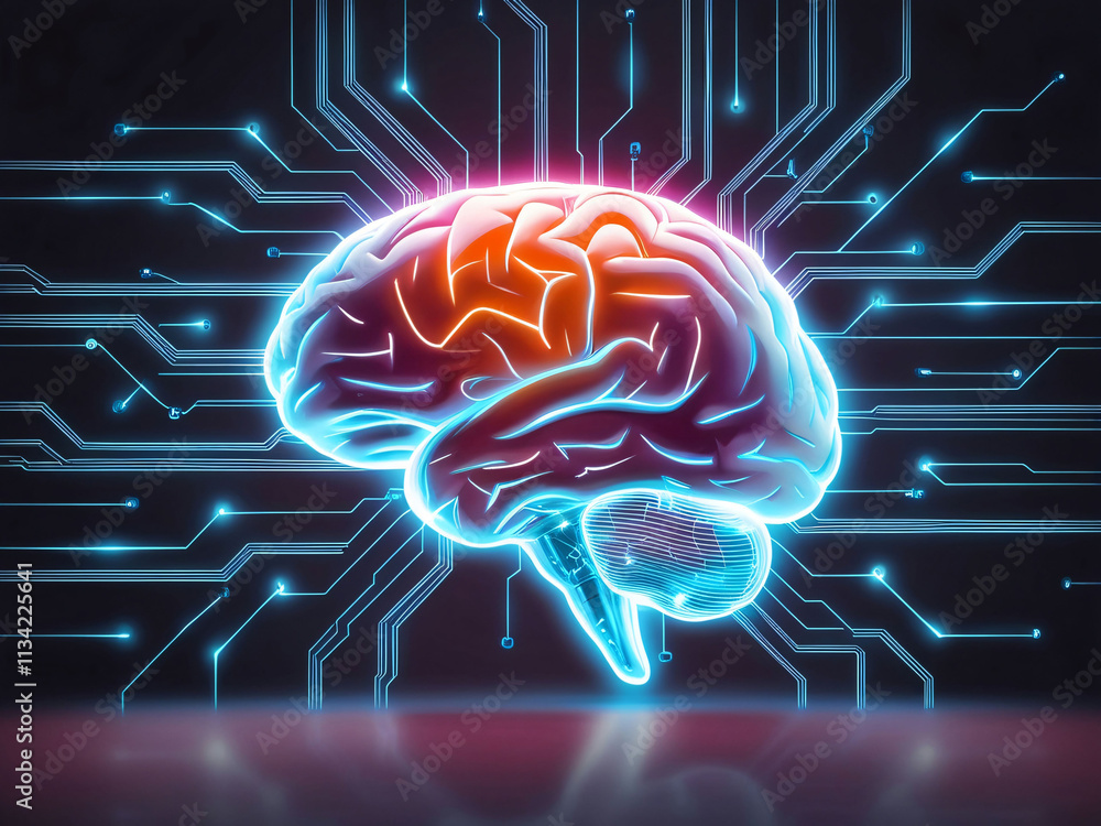 Poster a visually striking digital representation of a brain illuminated with vibrant colors, intertwined w