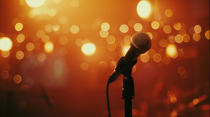 Close-up of a microphone on a stand, stage lights softly illuminating it, capturing the anticipation before a performance --ar 16:9 --style raw Job ID: ecf88f04-b49e-430b-8528-a3a0fb802c72