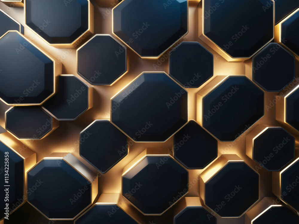 Poster hexagonal shapes in black and gold are arranged in a modern geometric pattern. the shining edges enh
