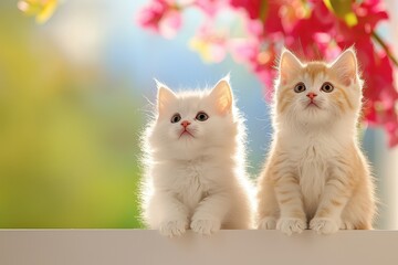 Cute White and Orange Kittens Sitting Together in Sunny Garden