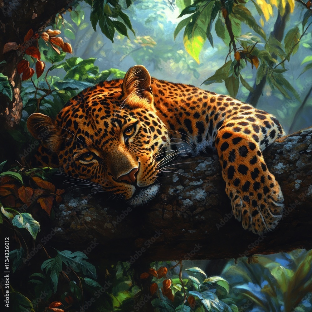 Poster a resting leopard on a tree branch surrounded by lush jungle foliage.