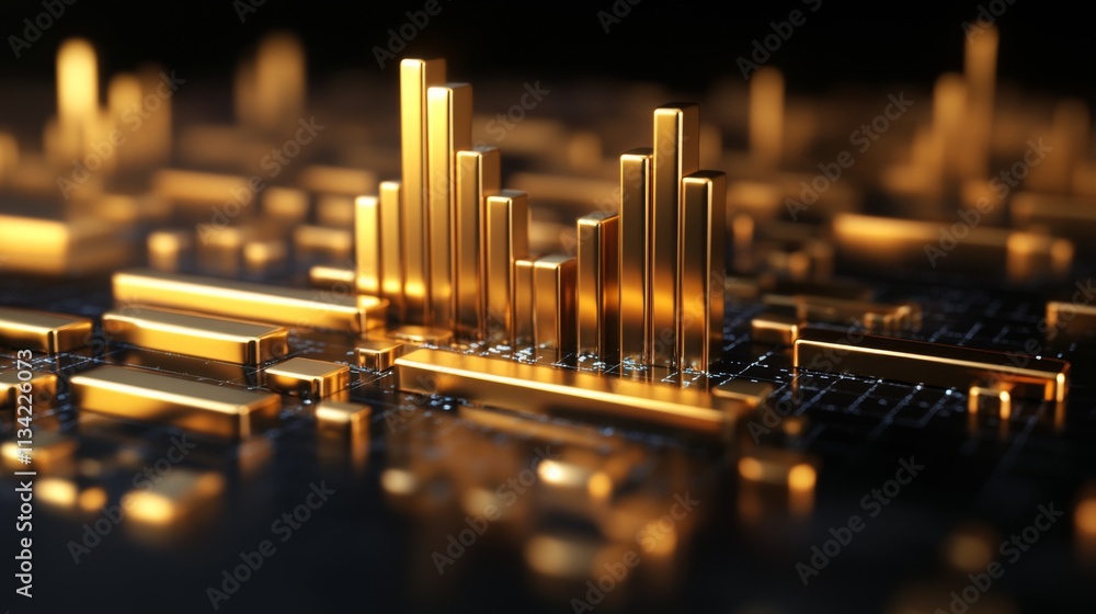 Poster golden data visualizations on a dark background in digital space