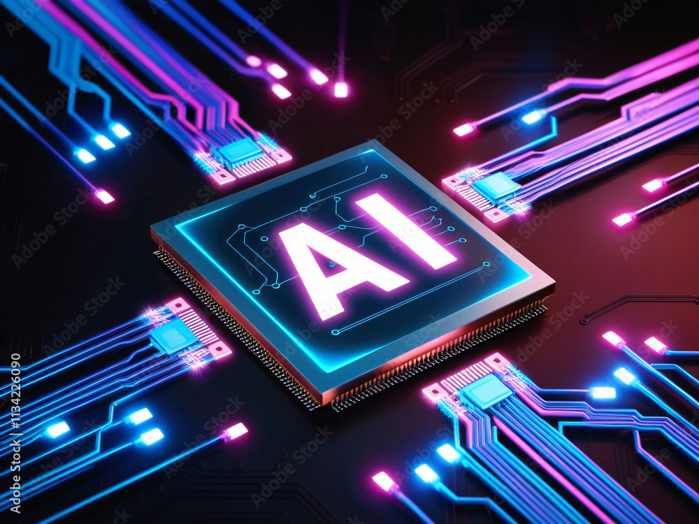 Poster a detailed illustration features a computer processor labeled ai. surrounding the chip are colorful 