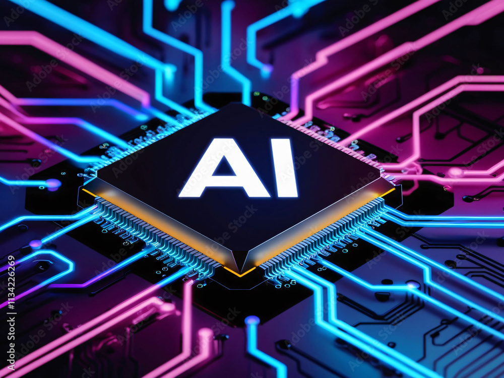 Poster a detailed illustration features a computer processor labeled ai. surrounding the chip are colorful 