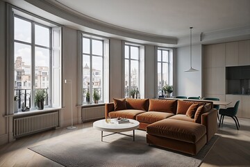 Fototapeta premium Stylish Minimalist Urban Apartment Featuring Spacious Bay Windows and Chic Sectional Sofa in Creative Design Visualization