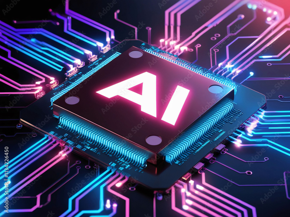 Fototapete a detailed illustration features a computer processor labeled ai. surrounding the chip are colorful 