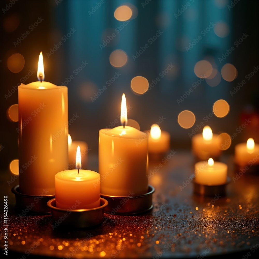 Poster several candles burn brightly in dark space. golden bokeh lights softly illuminate scene. candles ca
