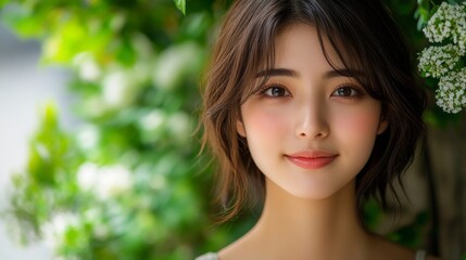 Naklejka premium Close-up portrait of a young woman surrounded by greenery and flowers