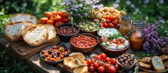 Fototapeta premium Outdoor feast with various appetizers, olives, tomatoes, bread, and dips.