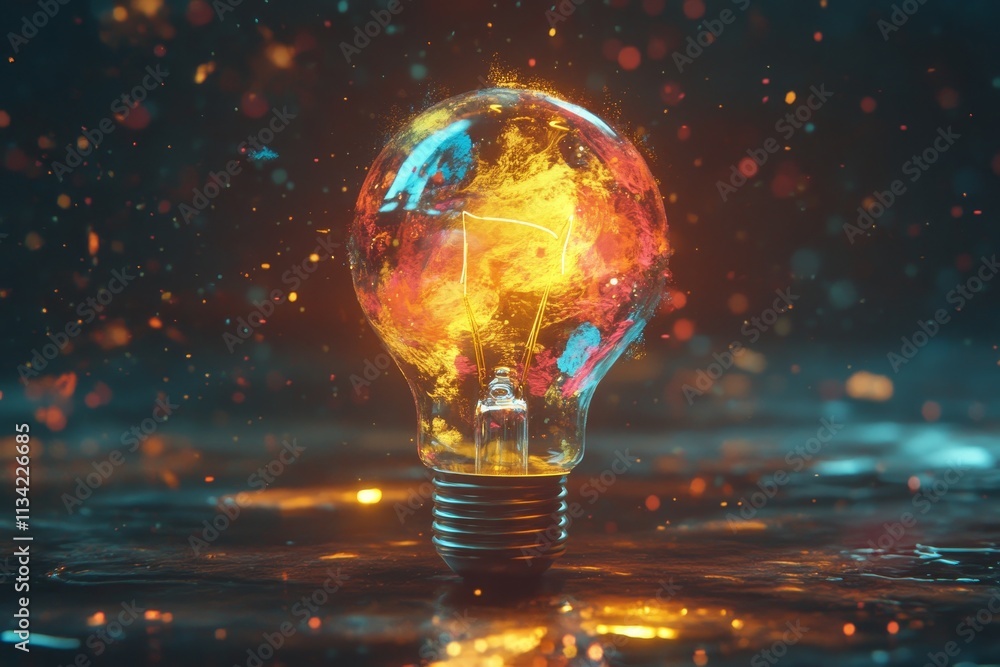 Poster glowing light bulb with fiery color swirls surrounded by sparkling particles, symbolizing creativity