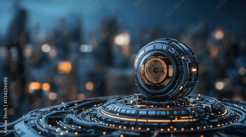 Aufkleber futuristic sphere with intricate details against a blurred urban background in a high-tech setting f