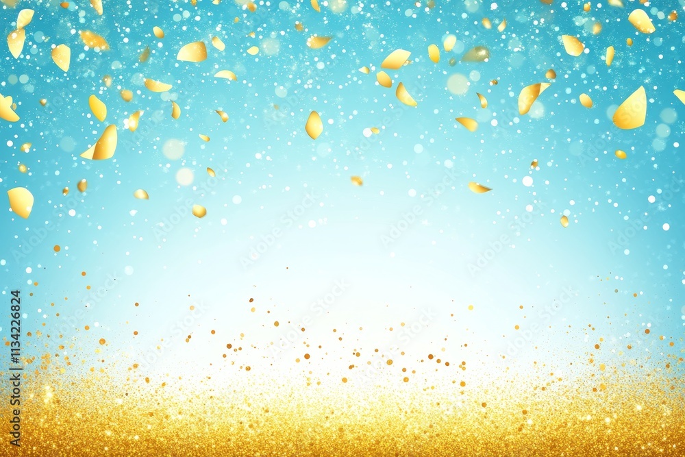 Poster golden confetti background with sparkling bokeh and soft blue gradient for celebratory themes and fe