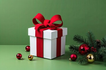 Three Dimensional Holiday Gift Box with Red Bow on Vibrant Green Background Ideal for Customization and Celebrations