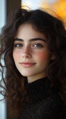 Naklejka premium Close-up portrait of a young woman with curly hair in natural lighting