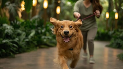 A golden retriever joyfully running on a leash with its owner in a lush, lantern-lit park, exuding energy and happiness on a tranquil evening stroll