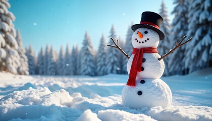 Cheerful snowman stands in snowy forest. Clear blue sky above. Winter wonderland scene. Snowman wears top hat, red scarf. Snowy landscape. Perfect for winter holidays Christmas themed designs. Image