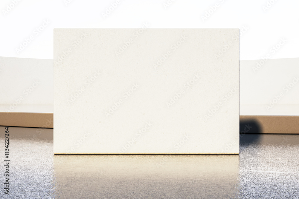 Poster minimalistic blank white wall panel in outdoor space with clean concrete floor and bright light back