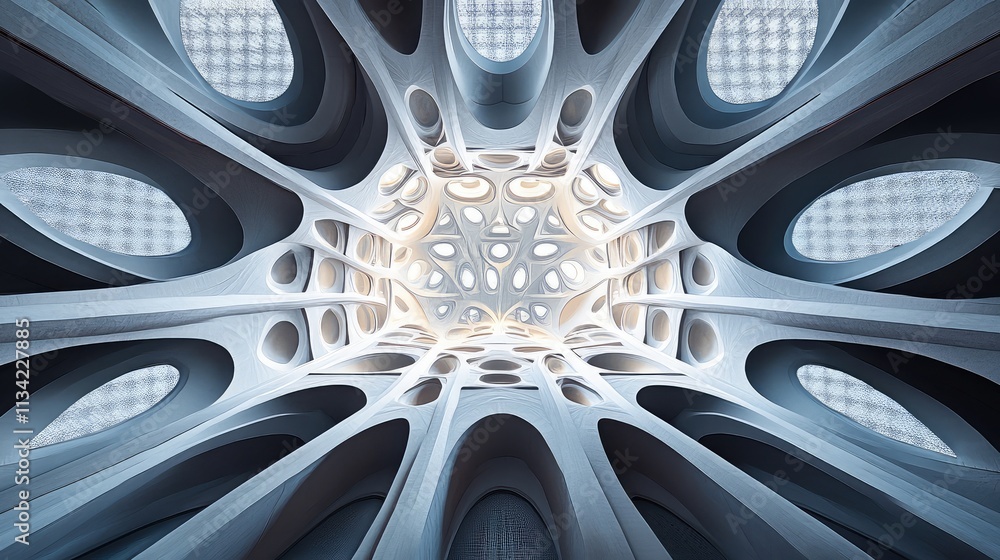 Poster a fractal-inspired ceiling pattern in a large, open space, with repeating geometric shapes and perfe