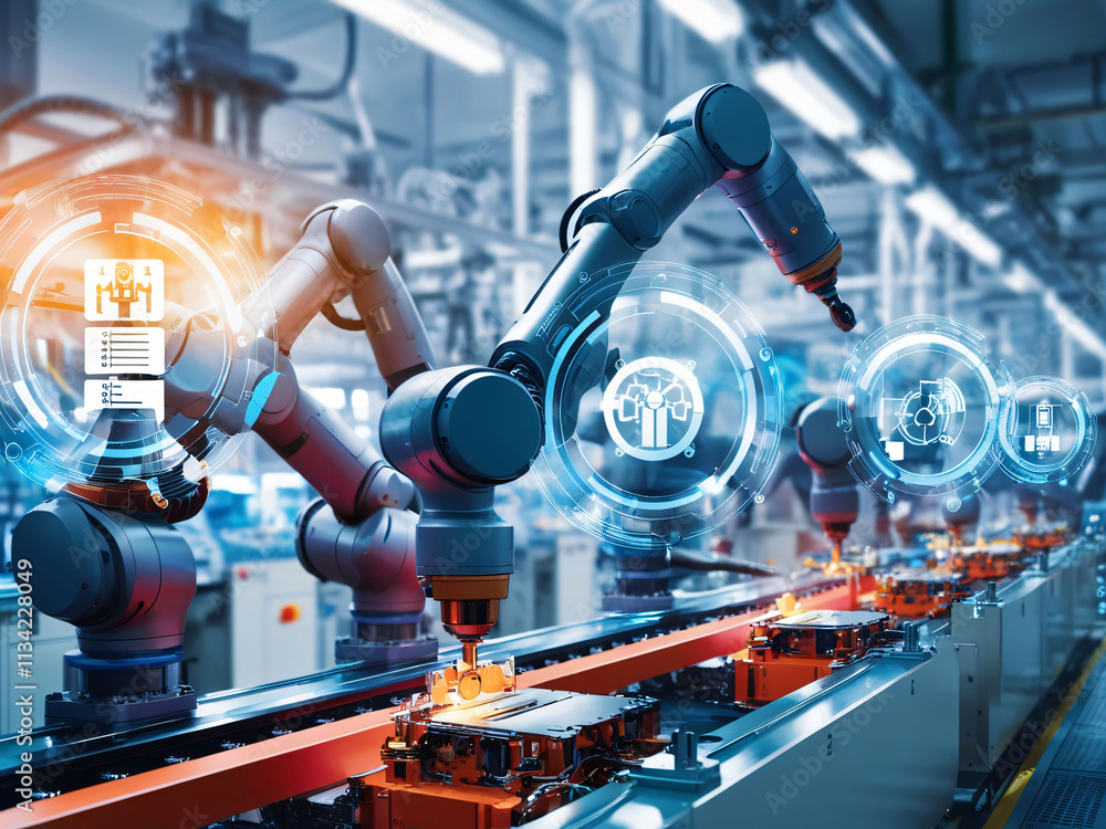 Poster robotic arms are actively working on an assembly line in a state-of-the-art factory, efficiently man