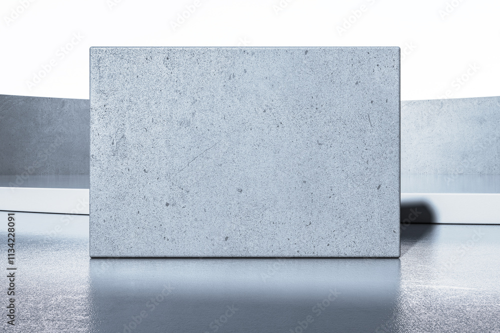 Poster Minimalist concrete wall with reflective floor and soft light backdrop creating a clean, modern aesthetic for branding purposes. 3D Rendering