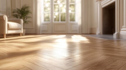 Empty, modern living room with wide, hardwood floor, large window, and open loft kitchen