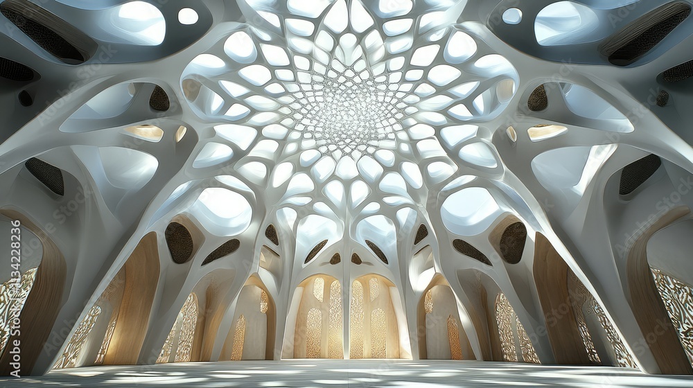 Poster a fractal-inspired ceiling pattern in a large, open space, with repeating geometric shapes and perfe