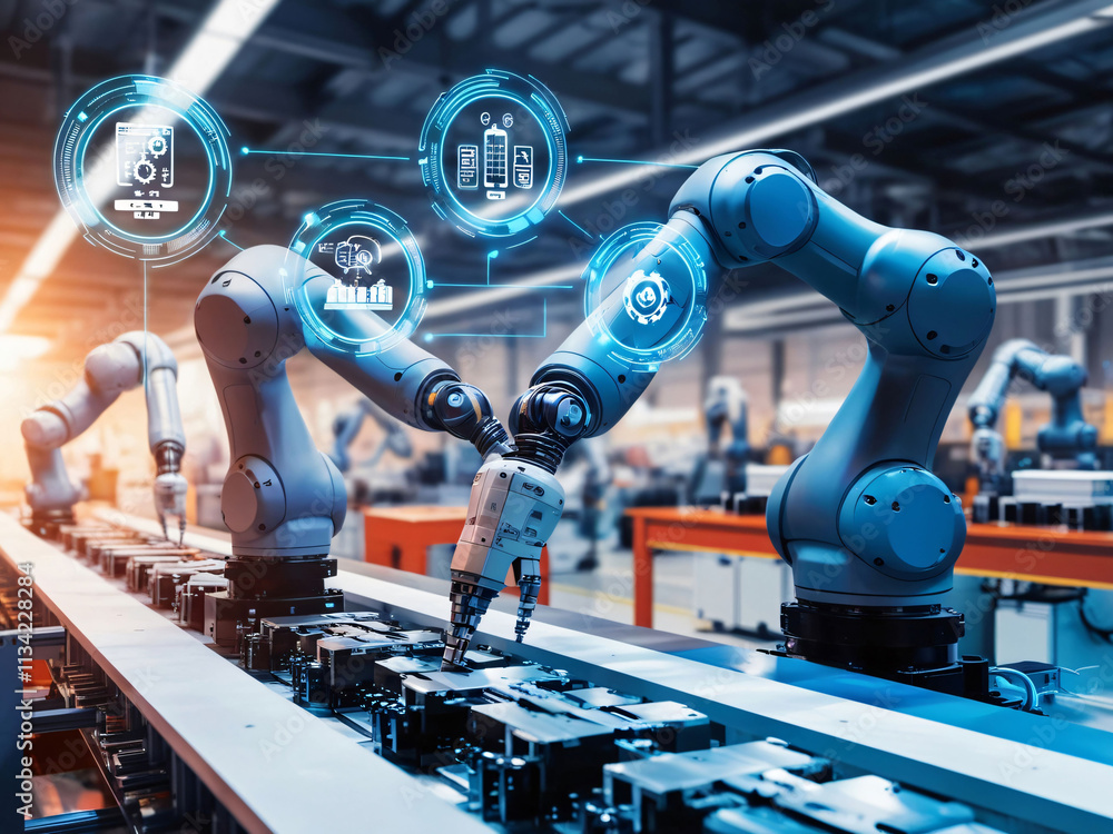 Poster robotic arms are actively working on an assembly line in a state-of-the-art factory, efficiently man