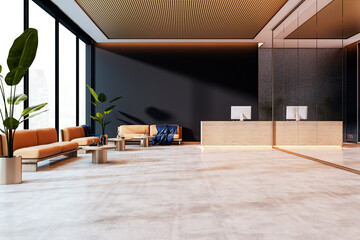 Modern office reception area with elegant design, beige sofas, wooden accents, large glass windows,...