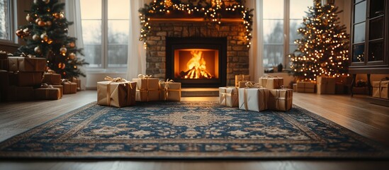 Cozy Christmas living room with fireplace, presents, and decorated trees.