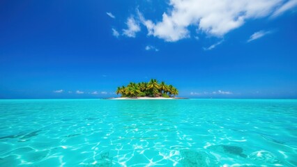Fototapeta premium Escape to Paradise: Turquoise Waters and Tropical Island Under a Clear Blue Sky - Perfect for Vacation Planning and Dreaming